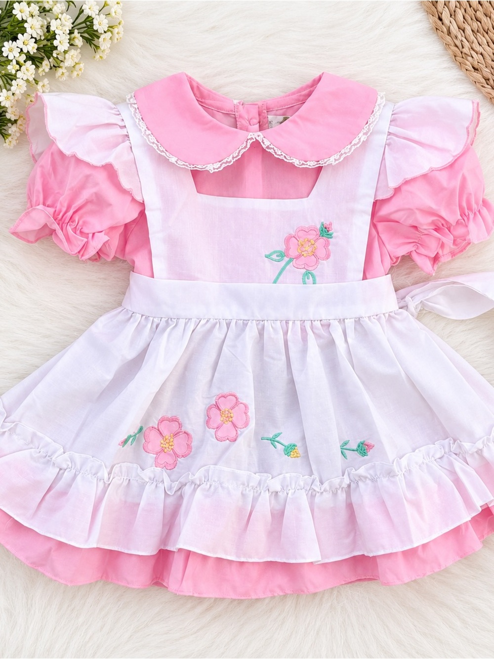 NEW Vintage Hug Me Pink Floral Embroidered Apron Dress 3T Toddler Girl Deadstock